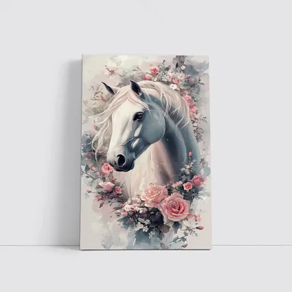 White Horse Portrait With Pink Roses Floral