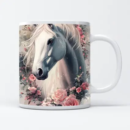 White Horse Portrait With Pink Roses Floral