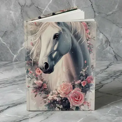 White Horse Portrait With Pink Roses Floral