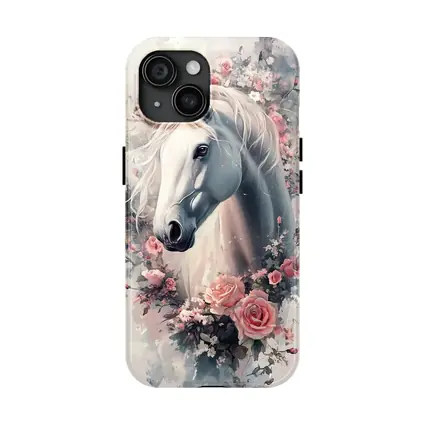 White Horse Portrait With Pink Roses Floral