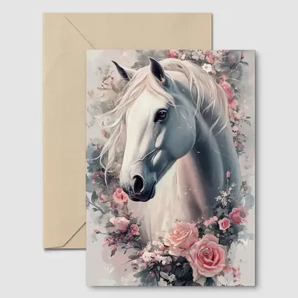 White Horse Portrait With Pink Roses Floral
