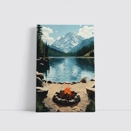 Campfire By Mountain Lake Illustration Art
