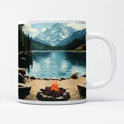 Campfire By Mountain Lake Illustration Art