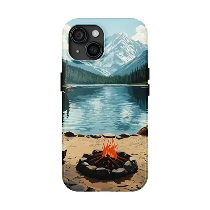 Campfire By Mountain Lake Illustration Art