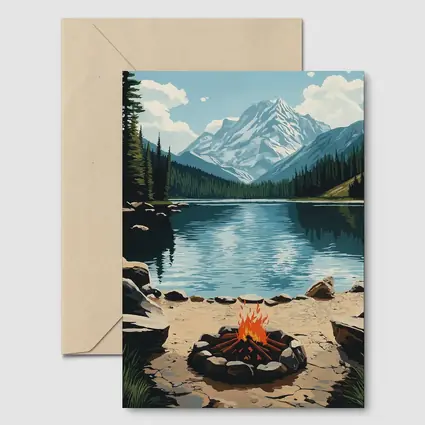 Campfire By Mountain Lake Illustration Art