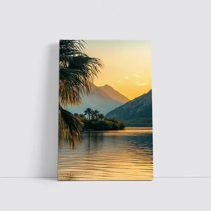 Golden Sunset Lake Palm Trees Mountain