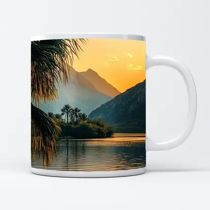 Golden Sunset Lake Palm Trees Mountain