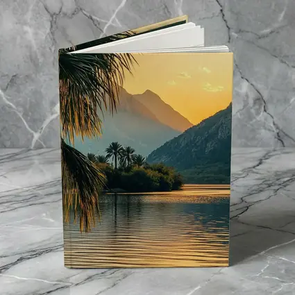Golden Sunset Lake Palm Trees Mountain