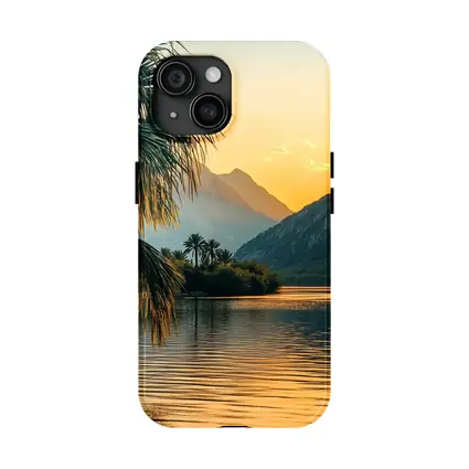 Golden Sunset Lake Palm Trees Mountain