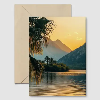 Golden Sunset Lake Palm Trees Mountain