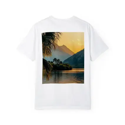 Golden Sunset Lake Palm Trees Mountain