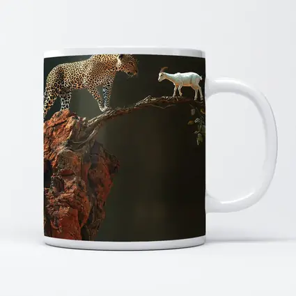 Leopard And Goat Facing On Rocky Branch