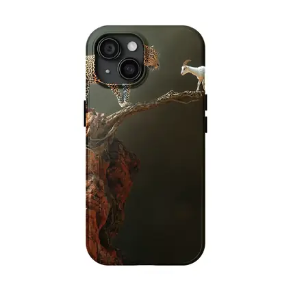 Leopard And Goat Facing On Rocky Branch