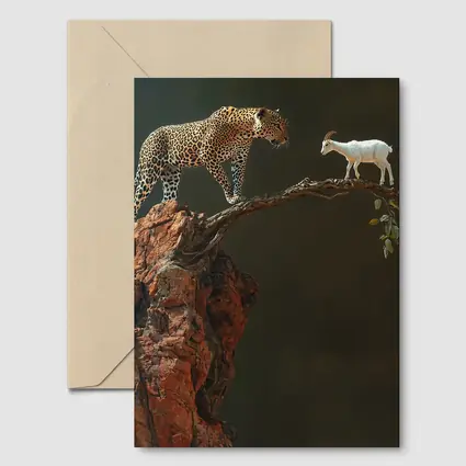 Leopard And Goat Facing On Rocky Branch