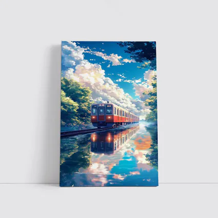 Anime Red Train Reflecting Flooded Forest Tracks