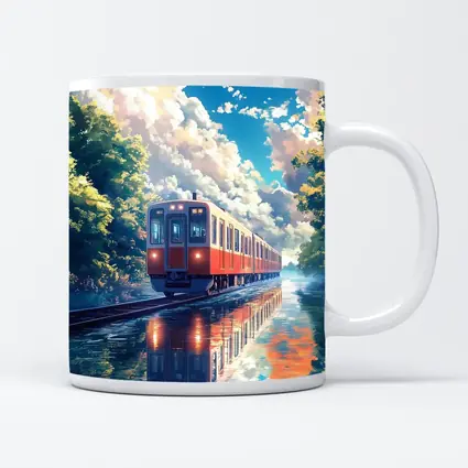 Anime Red Train Reflecting Flooded Forest Tracks