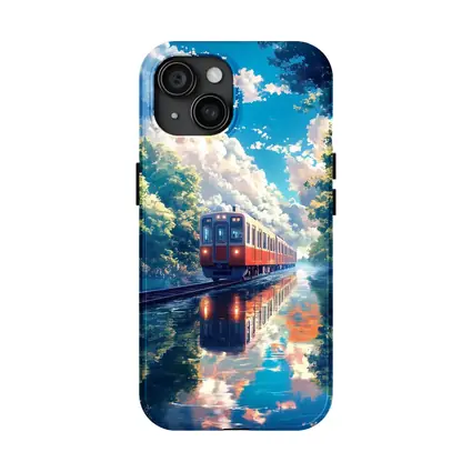 Anime Red Train Reflecting Flooded Forest Tracks