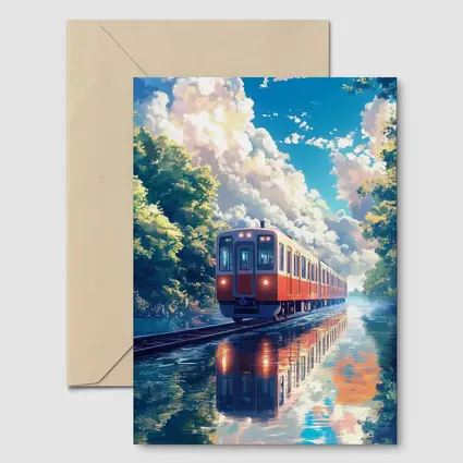 Anime Red Train Reflecting Flooded Forest Tracks