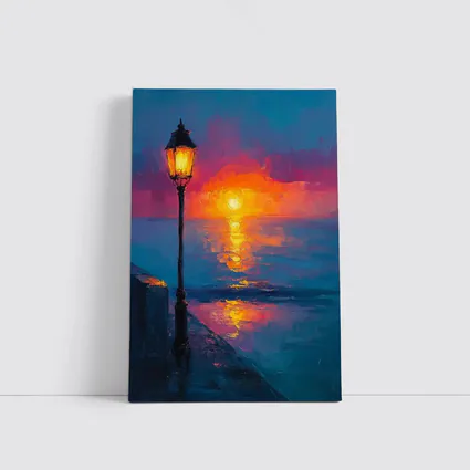 Oil Painting Street Lamp Ocean Sunset