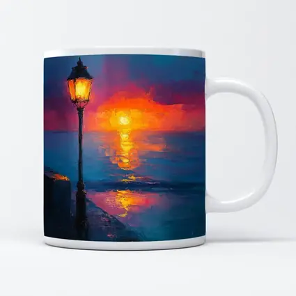 Oil Painting Street Lamp Ocean Sunset