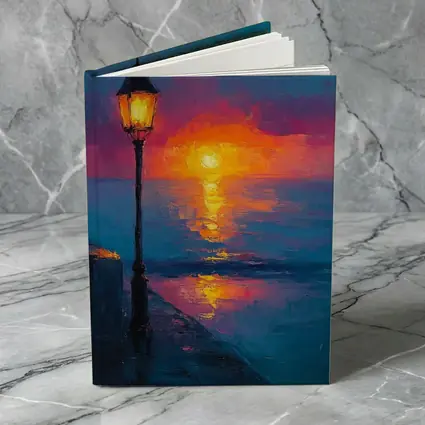 Oil Painting Street Lamp Ocean Sunset