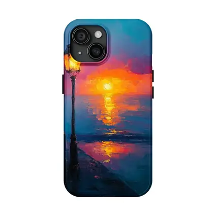 Oil Painting Street Lamp Ocean Sunset
