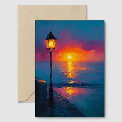 Oil Painting Street Lamp Ocean Sunset