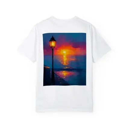 Oil Painting Street Lamp Ocean Sunset