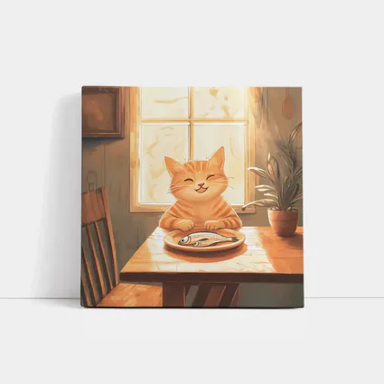 Happy Orange Tabby Cat Eating Fish Illustration