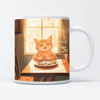 Happy Orange Tabby Cat Eating Fish Illustration