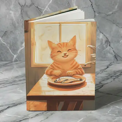 Happy Orange Tabby Cat Eating Fish Illustration