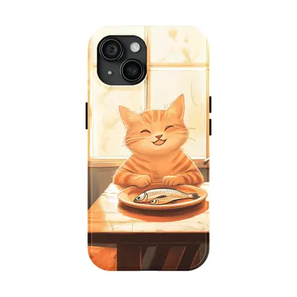 Happy Orange Tabby Cat Eating Fish Illustration