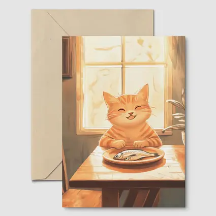 Happy Orange Tabby Cat Eating Fish Illustration