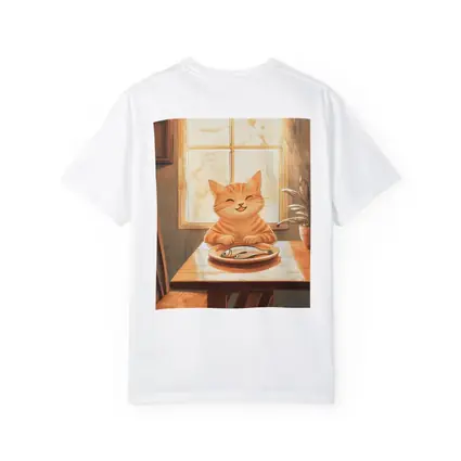 Happy Orange Tabby Cat Eating Fish Illustration