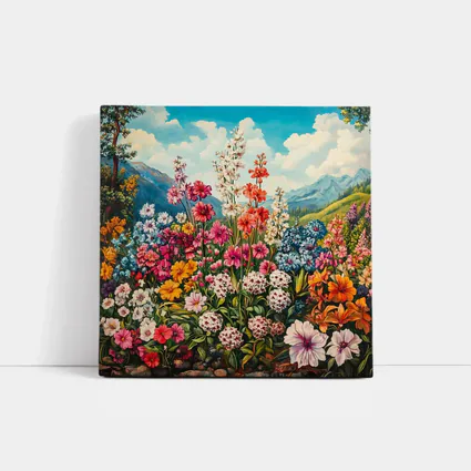 Colorful Wildflowers Garden Mountain Landscape Painting