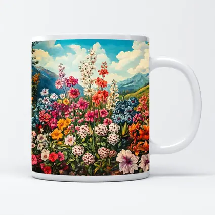 Colorful Wildflowers Garden Mountain Landscape Painting