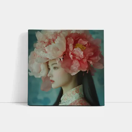 Asian Woman Peony Flower Crown Portrait Art