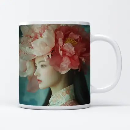 Asian Woman Peony Flower Crown Portrait Art