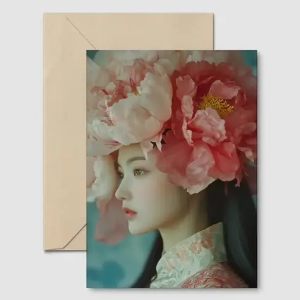 Asian Woman Peony Flower Crown Portrait Art
