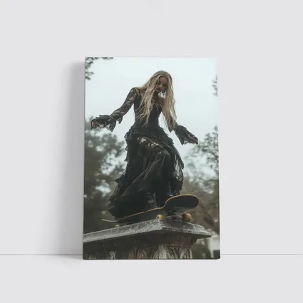 Gothic Woman Skating Black Lace Dress Outdoors