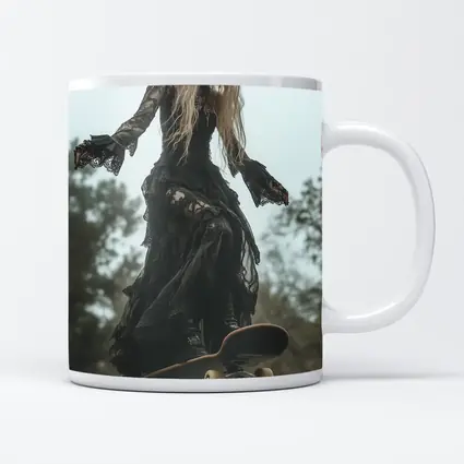 Gothic Woman Skating Black Lace Dress Outdoors