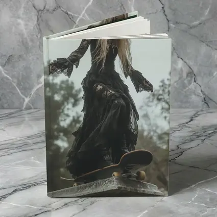 Gothic Woman Skating Black Lace Dress Outdoors