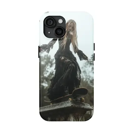 Gothic Woman Skating Black Lace Dress Outdoors