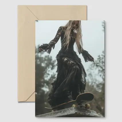 Gothic Woman Skating Black Lace Dress Outdoors