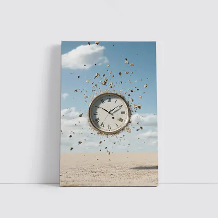 Exploding Clock Floating Over Sandy Desert
