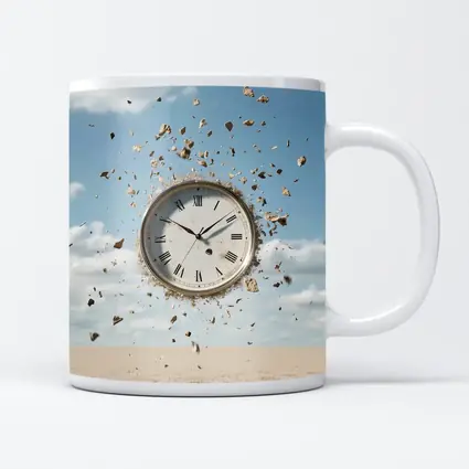 Exploding Clock Floating Over Sandy Desert