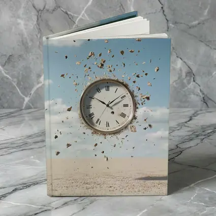 Exploding Clock Floating Over Sandy Desert