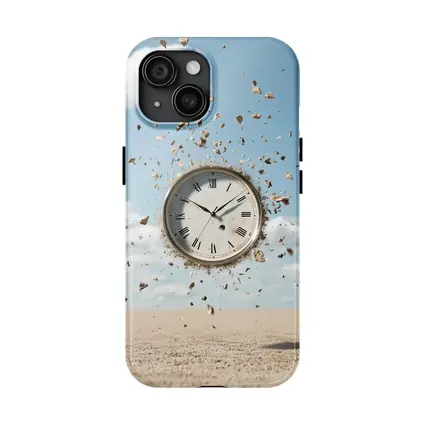 Exploding Clock Floating Over Sandy Desert