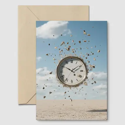 Exploding Clock Floating Over Sandy Desert