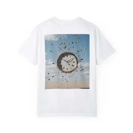 Exploding Clock Floating Over Sandy Desert